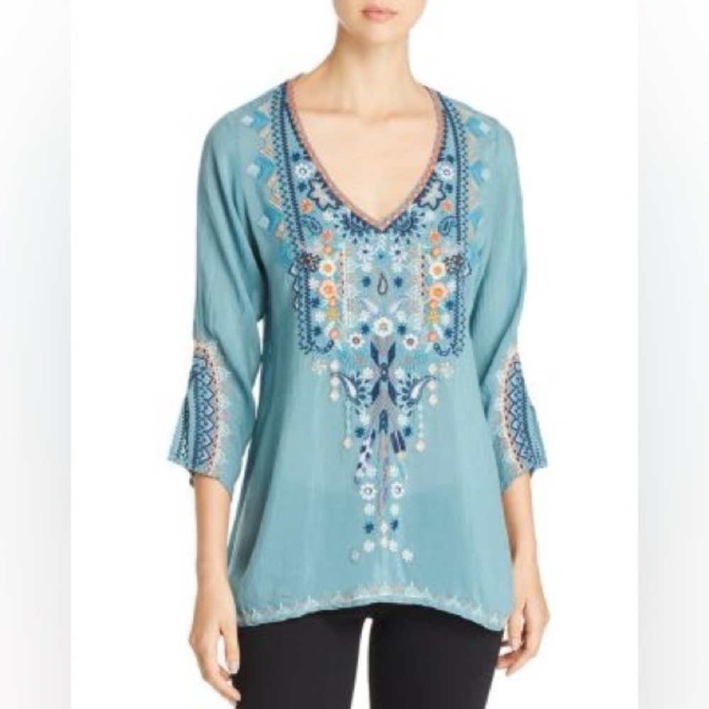 Johnny Was Teal Embroidered Blouse